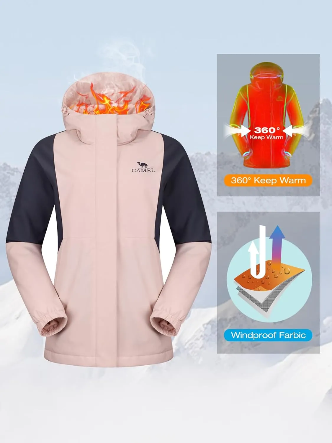 CAMEL Women's Ski Jacket Waterproof Winter Coat Warm Hooded Snowboard Jacket Windproof Mountain Rain Windbreaker