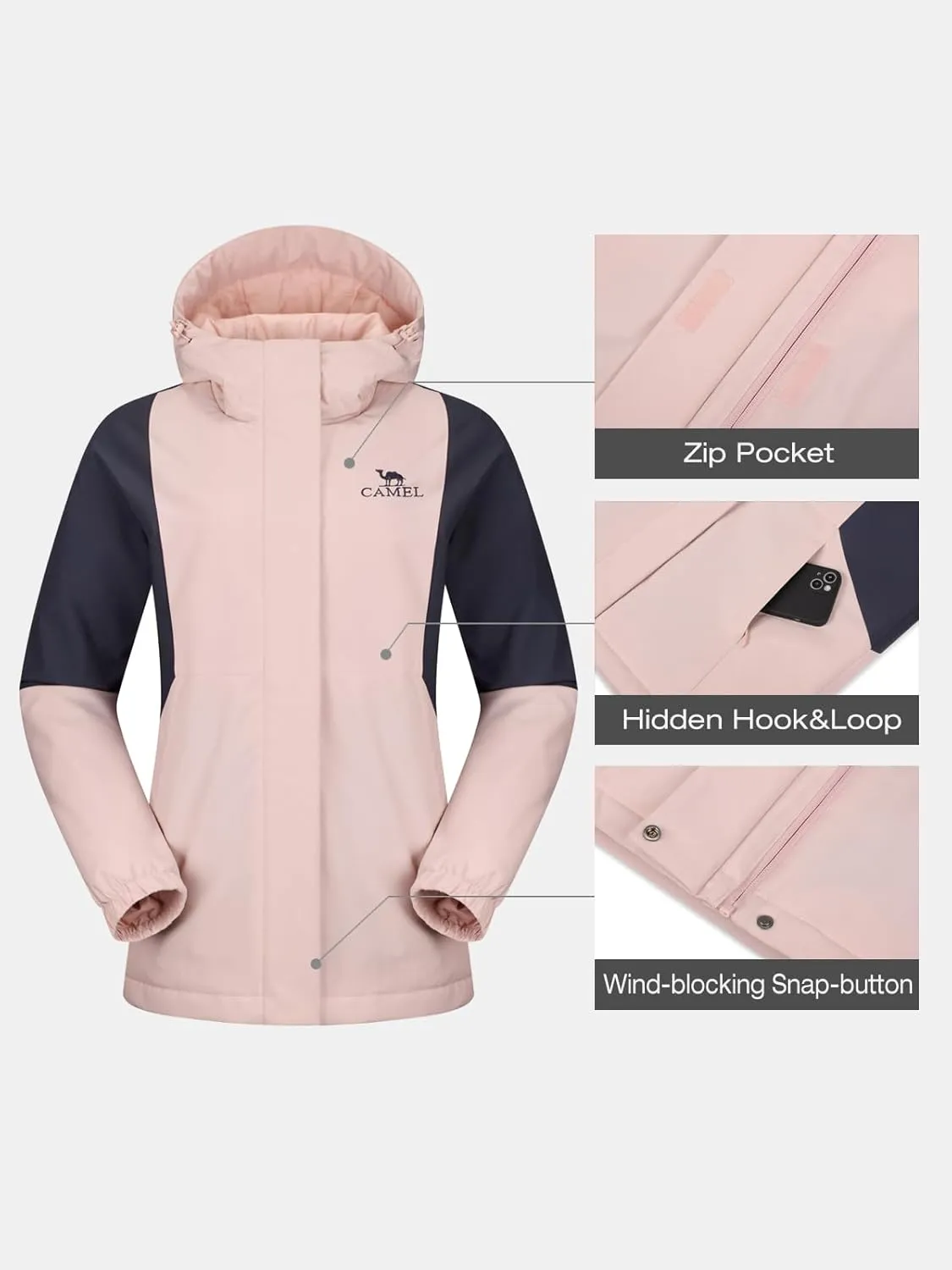 CAMEL Women's Ski Jacket Waterproof Winter Coat Warm Hooded Snowboard Jacket Windproof Mountain Rain Windbreaker