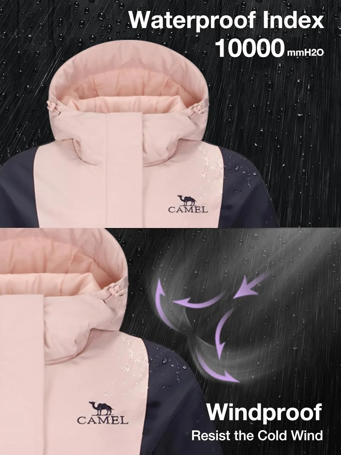 CAMEL Women's Ski Jacket Waterproof Winter Coat Warm Hooded Snowboard Jacket Windproof Mountain Rain Windbreaker