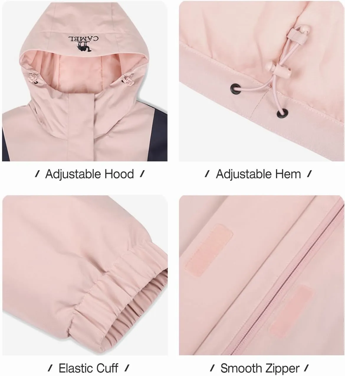 CAMEL Women's Ski Jacket Waterproof Winter Coat Warm Hooded Snowboard Jacket Windproof Mountain Rain Windbreaker