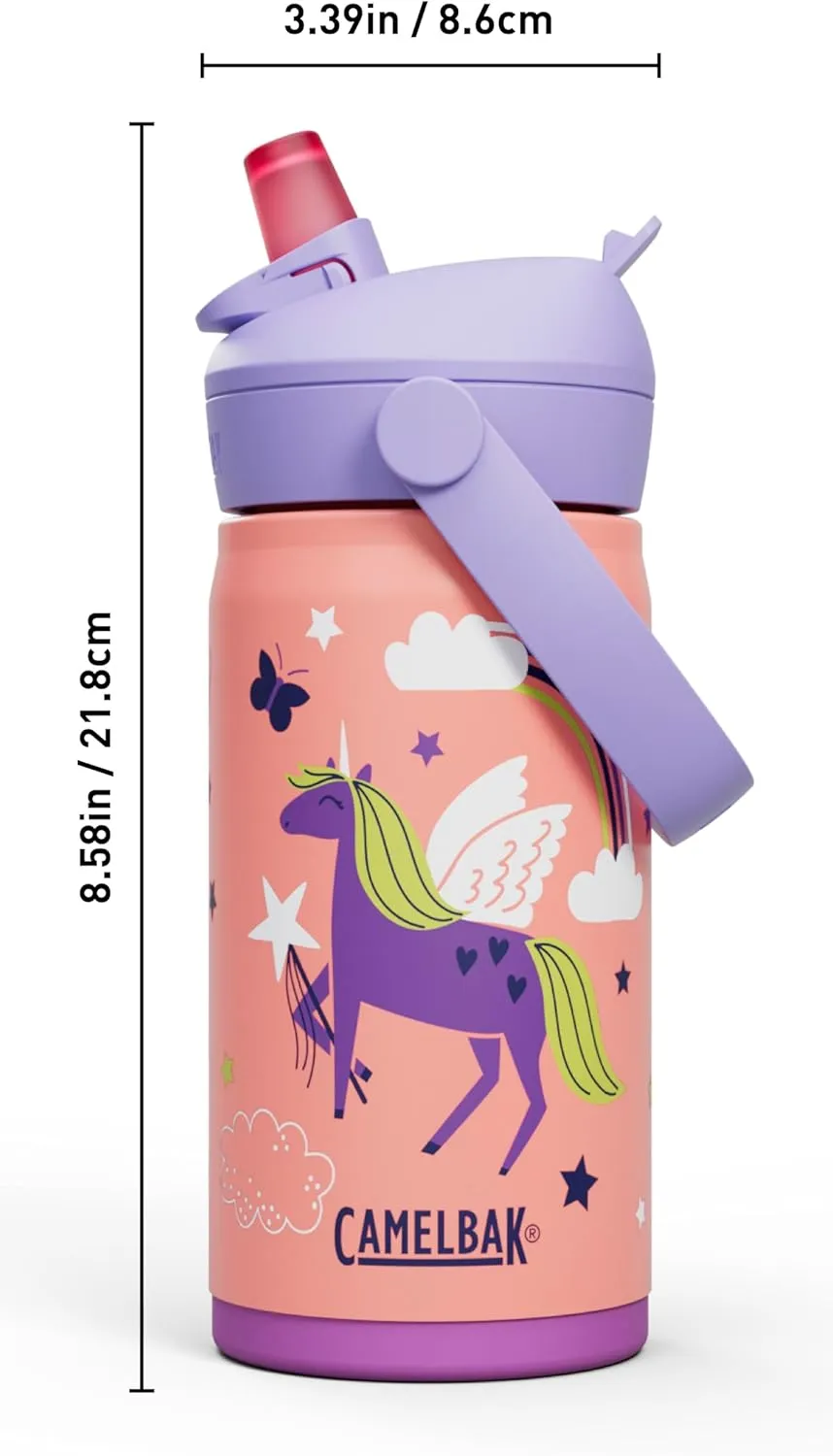 CamelBak Thrive Flip Straw Kids Bite Valve Insulated Stainless Steel Water Bottle Magic Unicorns, 12oz