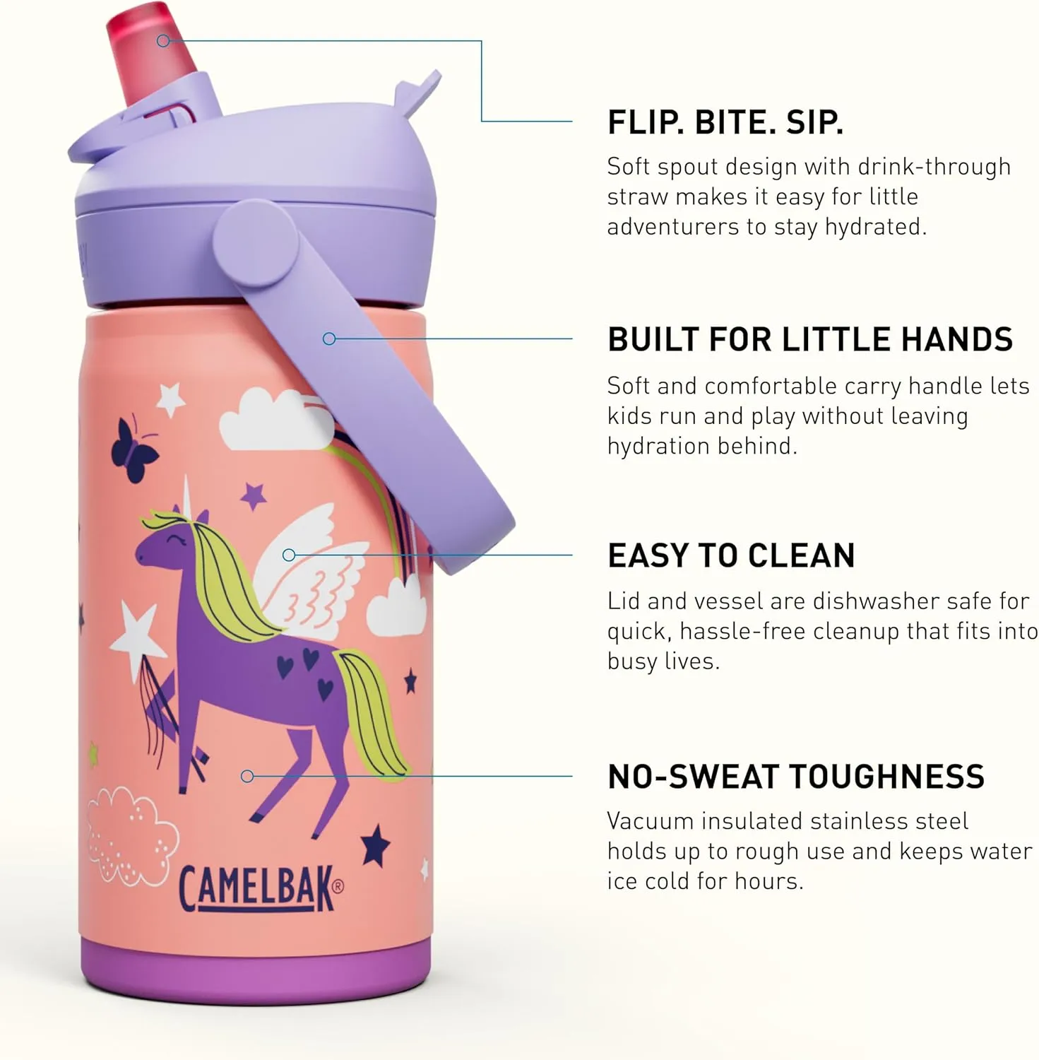 CamelBak Thrive Flip Straw Kids Bite Valve Insulated Stainless Steel Water Bottle Magic Unicorns, 12oz