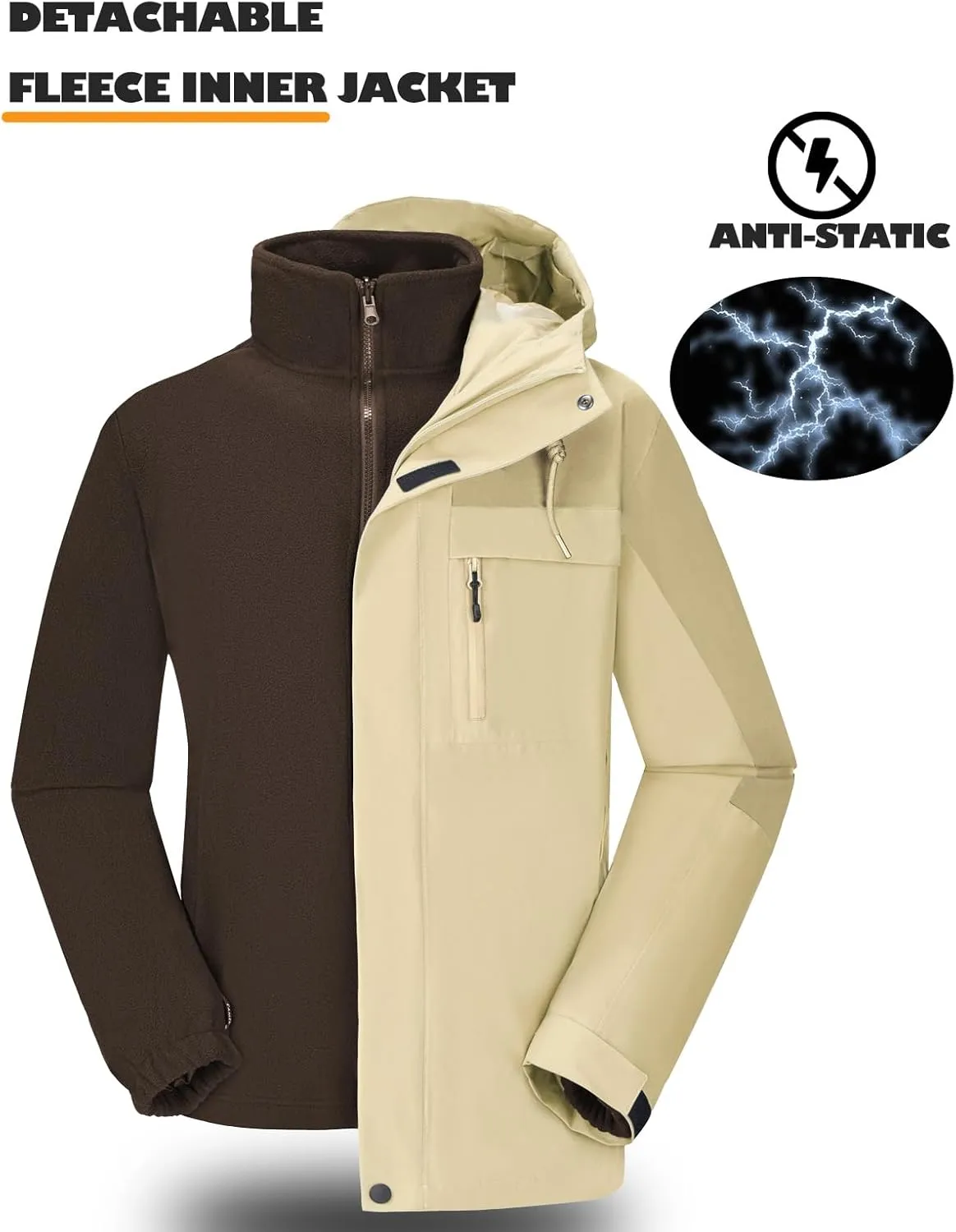 CAMELSPORTS Men's Mountain Ski Jacket 3 in 1 Waterproof Winter Jacket Warm Snow Jacket Hooded Rain Coat Windproof Winter Coat
