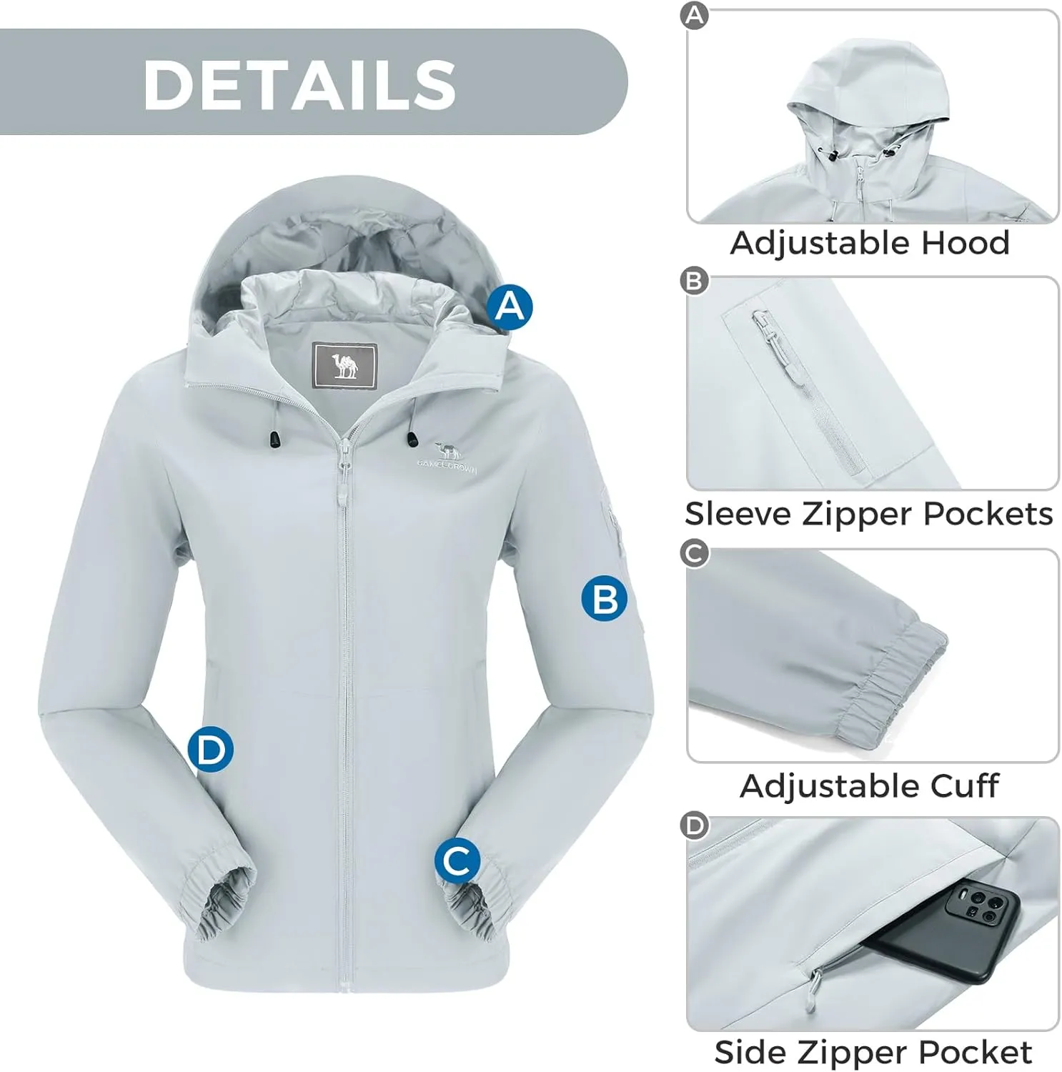 CAMELSPORTS Women's Rain Jacket Lightweight Windbreaker Hooded Raincoat Windproof Coat Shell for Outdoor Hiking