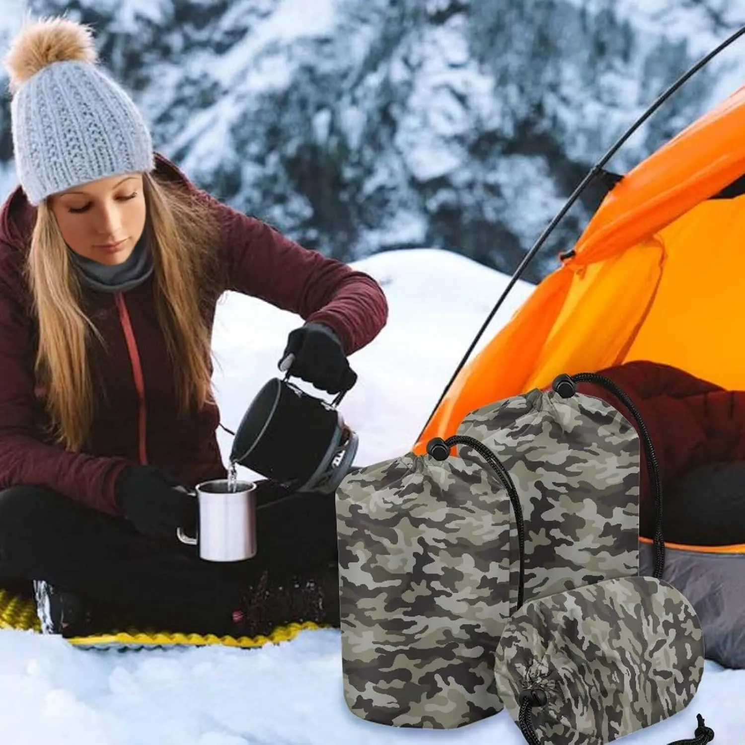 Camouflage Stuff Sack Water-Resistant Camping Bag Ultralight Sleeping Bag Storage Sack Space Saving Gear for Camping Traveling Backpacking Set of 3