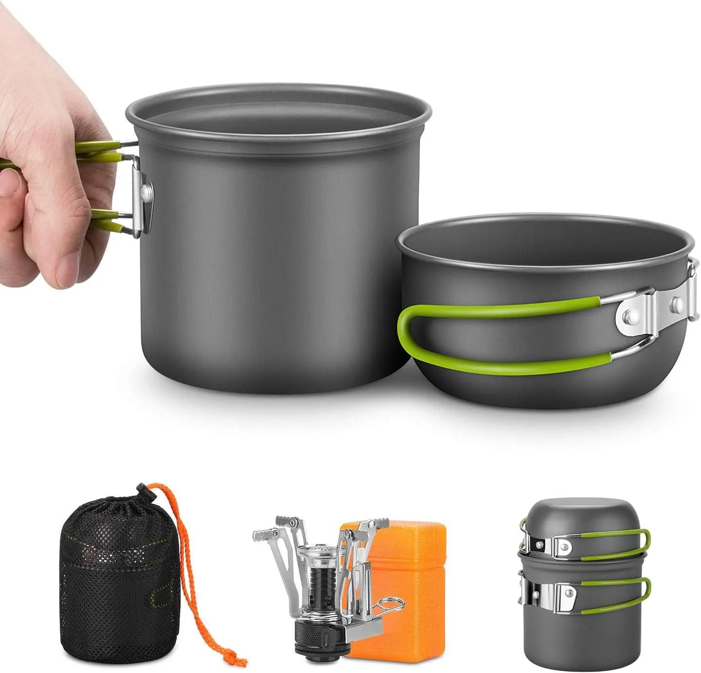 Camping Cookware Cafeteria Kit, Lightweight Pot Mini Folding Stov, Portable Outdoor Cookware, Suitable for Camping, Backpacking, Hiking, Outdoor Cooking, and Picnics, Green