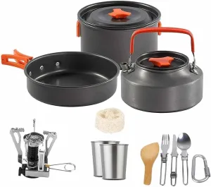 Camping Cookware Kit Outdoor Aluminum Cooking Set Water Kettle Pan Pot Travelling Hiking Picnic BBQ Tableware Equipment Camping