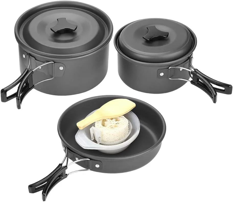 Camping Cookware Outdoor Cooking Set Lightweight Nonstick Picnic Cookware for 2 3 People Oxidized Aluminum Alloy 17cm Big Pot 14cm Small Pot 18cm Frying Pan 3 Bowls Soup Spoon