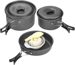 Camping Cookware Outdoor Cooking Set Lightweight Nonstick Picnic Cookware for 2 3 People Oxidized Aluminum Alloy 17cm Big Pot 14cm Small Pot 18cm Frying Pan 3 Bowls Soup Spoon