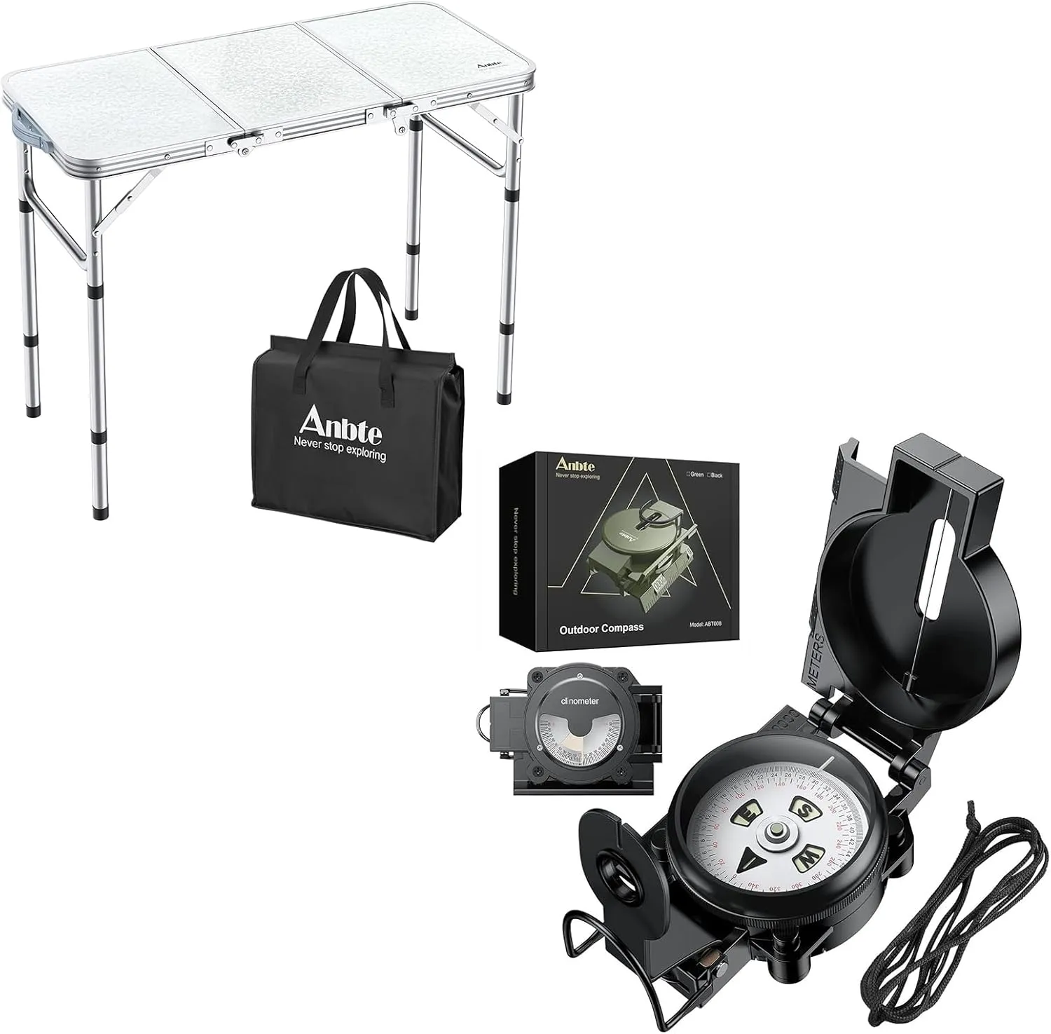 Camping Folding Table & Hiking Compass with Clinometer, Strong Magnetic Intensity 3000 Gauss