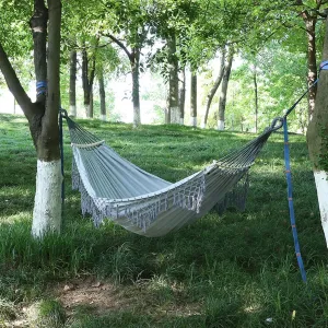 Camping Hammock Brazilian Tassels with Fringe Crochet Cotton Linen Double Hammock for Outdoor Indoor Garden Patio Porch Yard Included Carrying Bag Garden Patio Backyard