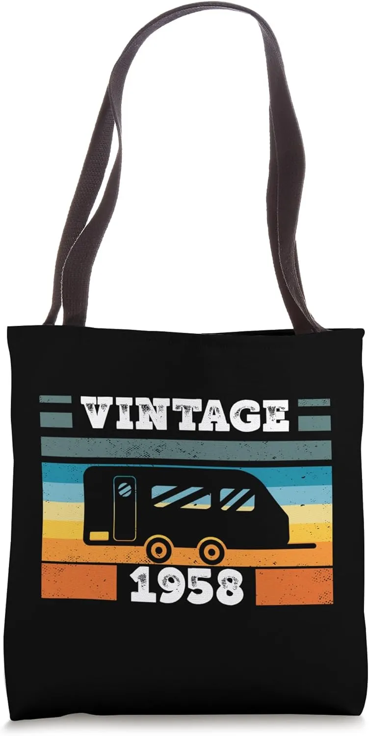 Camping RV-Camper Vintage born 1958 Birthday Trailer-Caravan Tote Bag