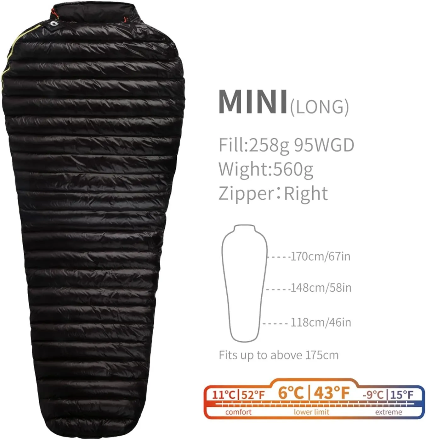 Camping Sleeping Bag,6 Degree 800fp Goose Down Sleeping Bag Ultralight Outdoor Camping and Hiking Sleeping Bag for Men & Women (Color : Mini Black Long)