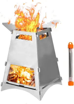Camping Wood Stove Stainless Steel Wood Burning Stove Lightweight Folding Pocket Stove with Backup Alcohol Burner for Outdoor Hiking
