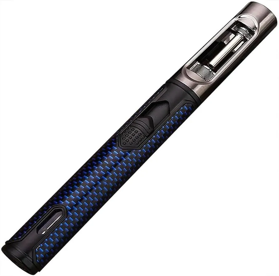 Candle Lighter Rechargeable Butane Gas Single Jet Flame Lighter Windproof Visible Gas Chamber Lighter Portable Metal Lighter Suitable for BBQ Camping, Men's Gift (No Butane)(Blue)