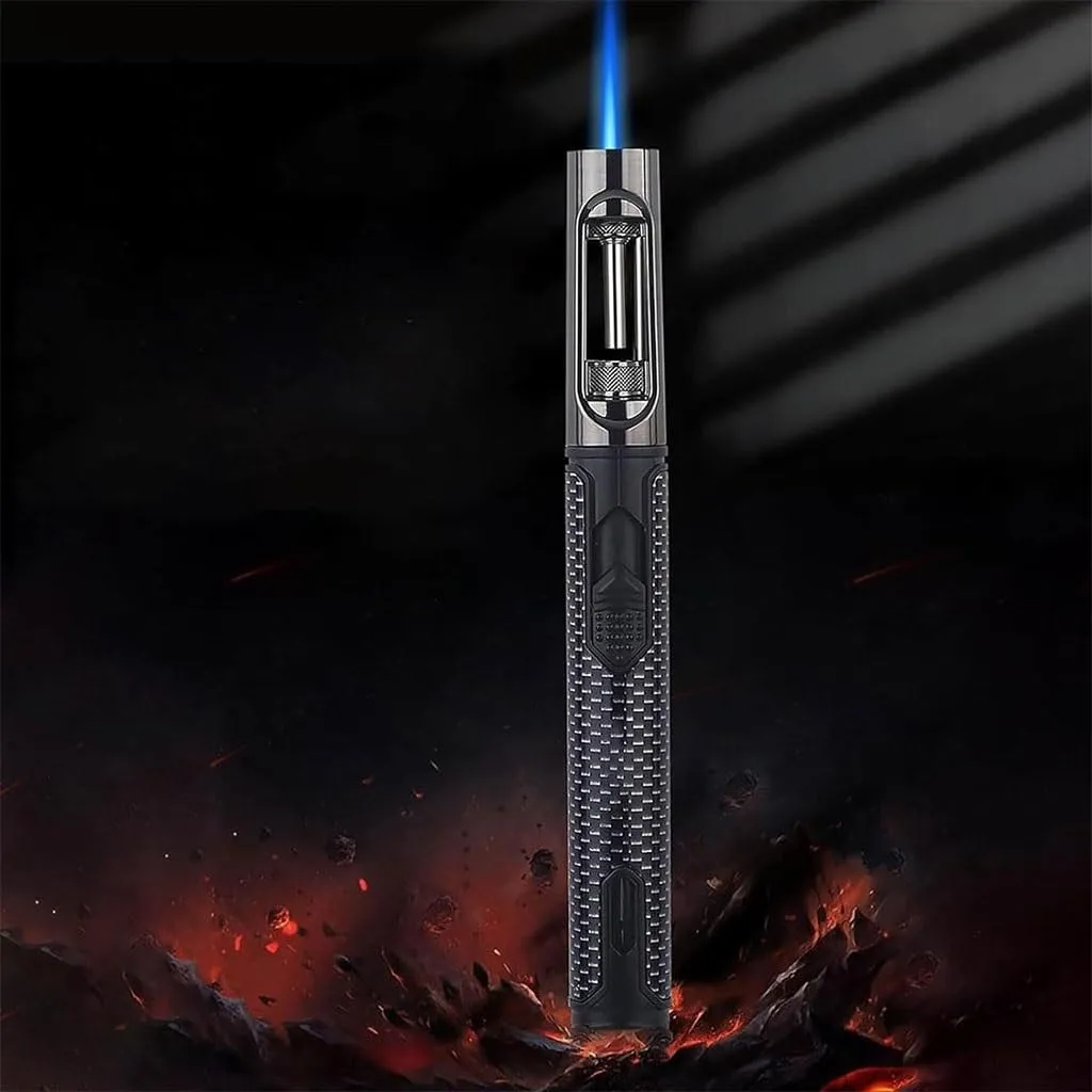 Candle Lighter Rechargeable Butane Gas Single Jet Flame Lighter Windproof Visible Gas Chamber Lighter Portable Metal Lighter Suitable for BBQ Camping, Men's Gift (No Butane)(Blue)