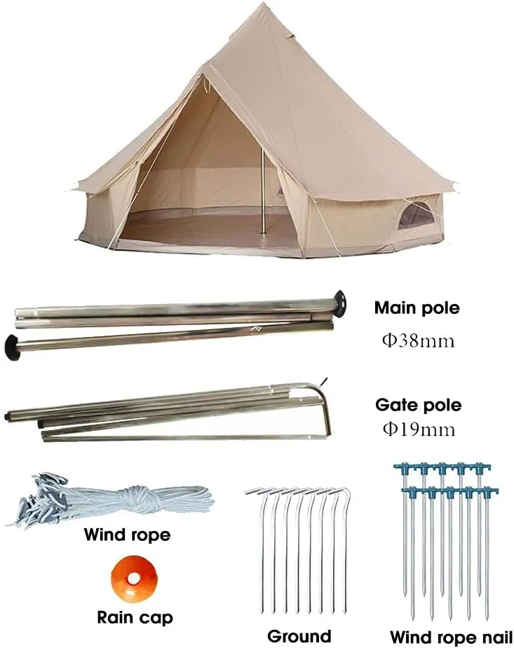 Canvas Bell Tent with Stove Hole, Cotton Canvas Tent, Yurt Tent for Camping, Waterproof Bell Tent 4 Seasons for Family Camping, Outdoor Hunting, Glamping, Festival, T