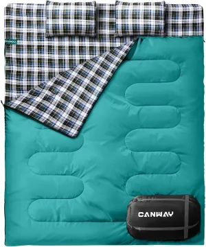 CANWAY Double Sleeping Bag Flannel for Adults Cold Weather Queen Size Two Person Sleeping Bags for Camping with 2 Pillows