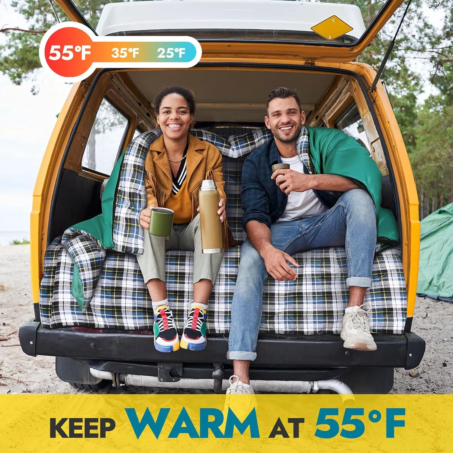 CANWAY Double Sleeping Bag Flannel for Adults Cold Weather Queen Size Two Person Sleeping Bags for Camping with 2 Pillows