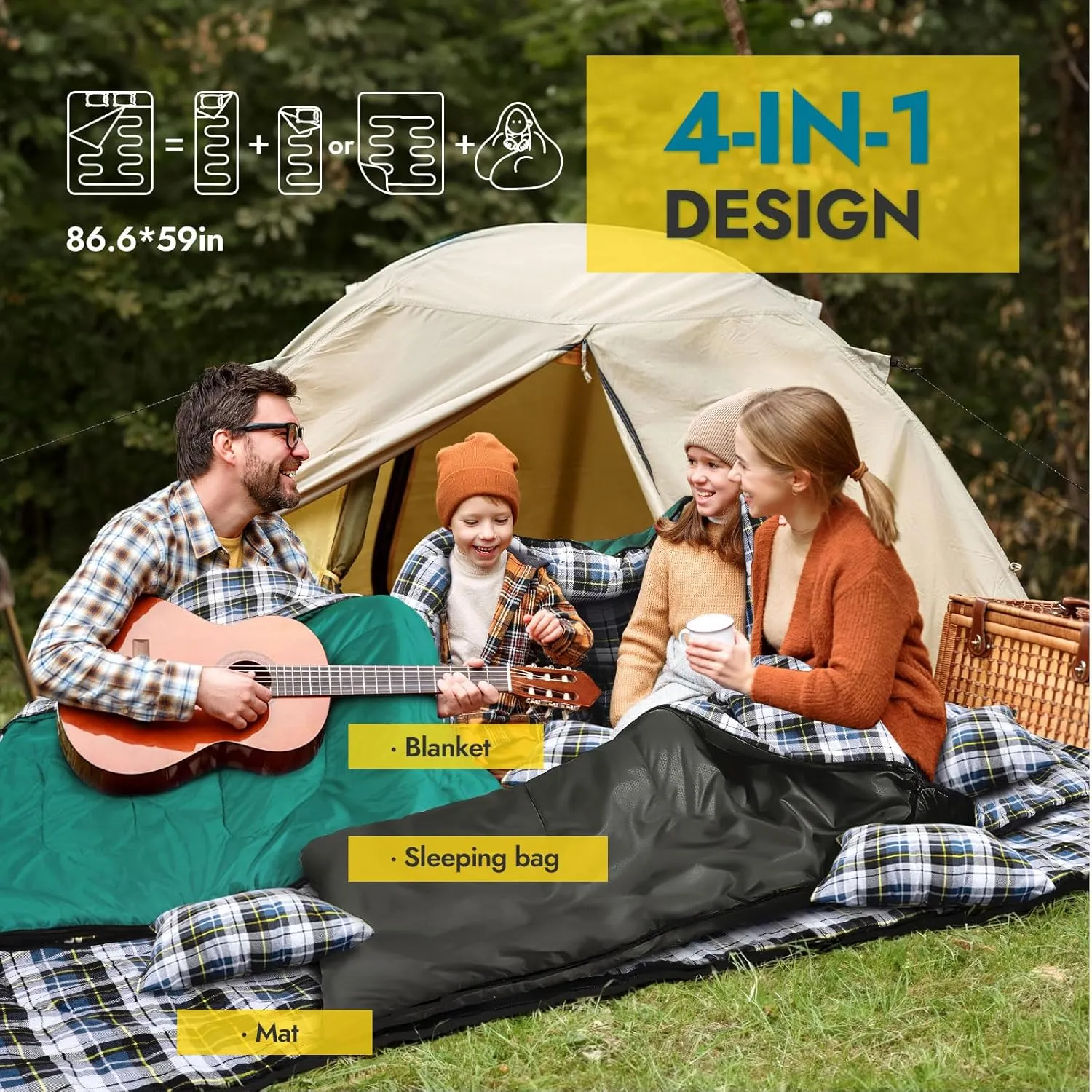 CANWAY Double Sleeping Bag Flannel for Adults Cold Weather Queen Size Two Person Sleeping Bags for Camping with 2 Pillows