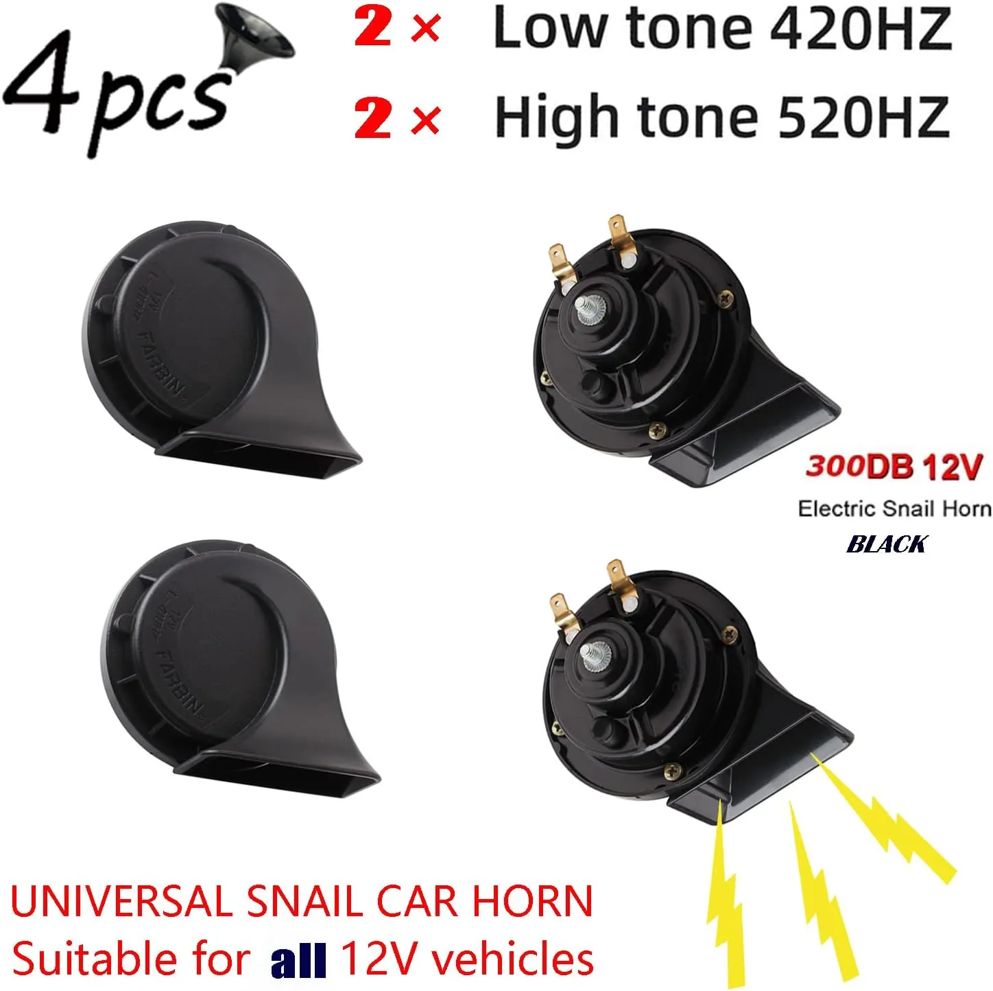 Car Horn 4 pack 12v Waterproof Auto Horn Used for Trucks Trains, Universal Electric Snail Horns Kit for Cars, Motorcycles,Off-Road Vehicles,Ships