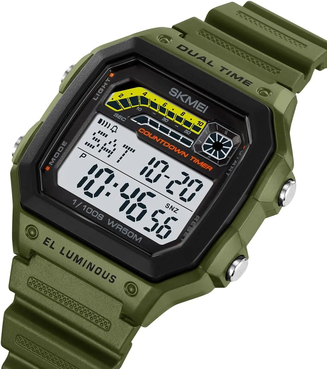 Carlien Men’s Stylish Casual Outdoor Sports Waterproof Watch Square Digital Resin Strap Electronic Watch Luminous Stopwatch Alarm Countdown Timer Men Wrist Watch