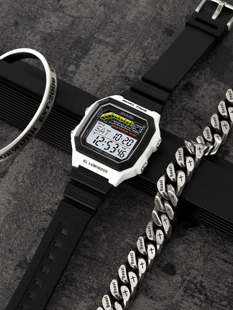 Carlien Men’s Stylish Casual Outdoor Sports Waterproof Watch Square Digital Resin Strap Electronic Watch Luminous Stopwatch Alarm Countdown Timer Men Wrist Watch