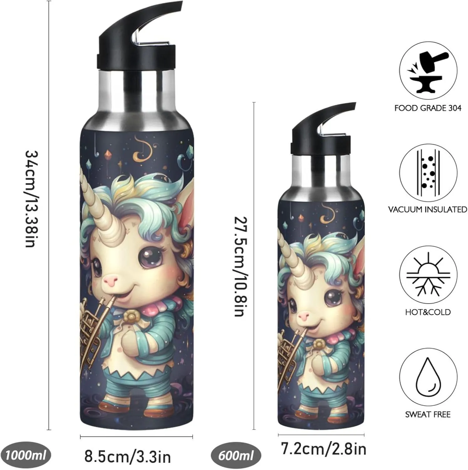 Cartoon Unicorn Violin Sport Water Bottle Insulated Stainless Steel Large Vacuum Flask Leak Proof Thermos with Straw for Travel(600ml/1000ml)