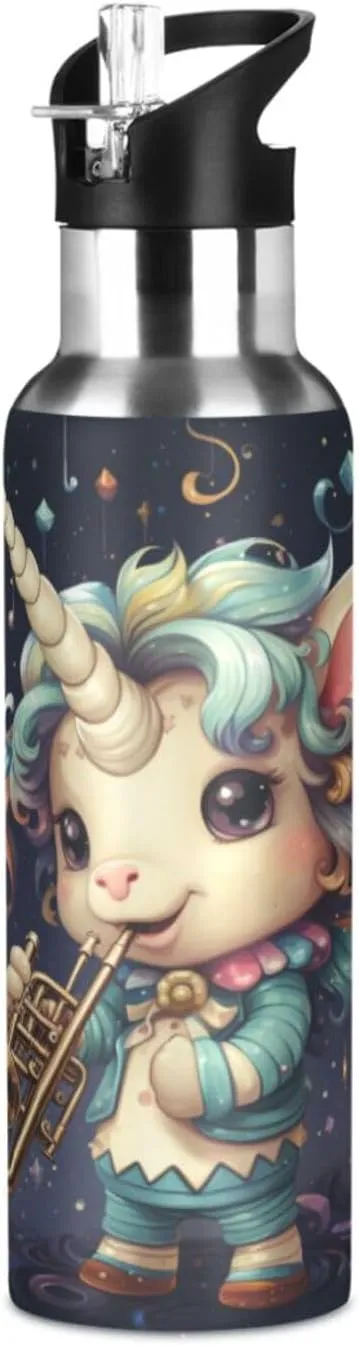 Cartoon Unicorn Violin Sport Water Bottle Insulated Stainless Steel Large Vacuum Flask Leak Proof Thermos with Straw for Travel(600ml/1000ml)