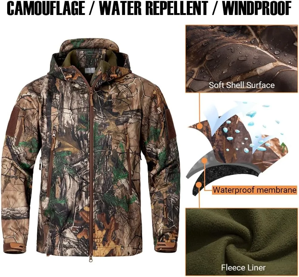 CARWORNIC Men's Camo Quiet Hunting Jacket Waterproof Softshell Fleece Lined Camouflage Outdoor Hiking Fishing Coat