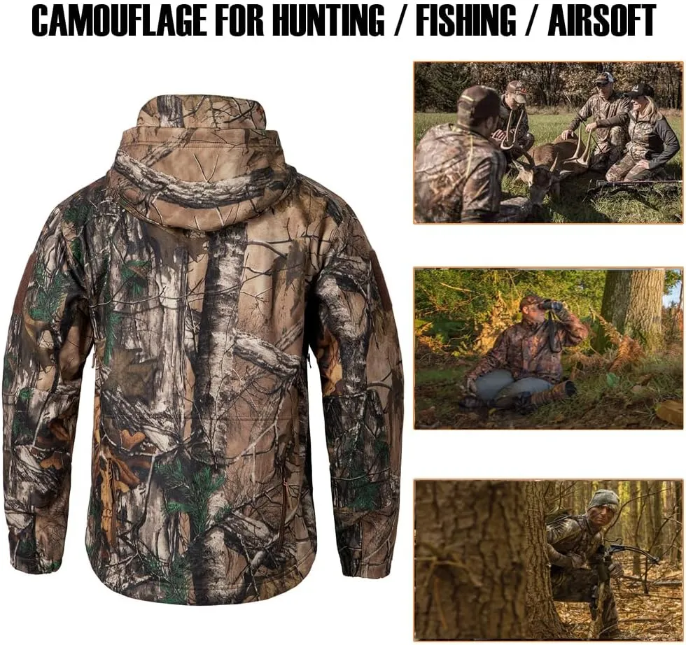 CARWORNIC Men's Camo Quiet Hunting Jacket Waterproof Softshell Fleece Lined Camouflage Outdoor Hiking Fishing Coat