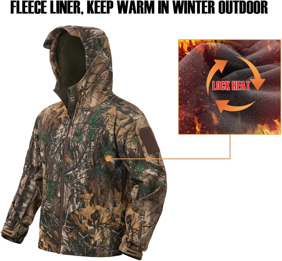 CARWORNIC Men's Camo Quiet Hunting Jacket Waterproof Softshell Fleece Lined Camouflage Outdoor Hiking Fishing Coat