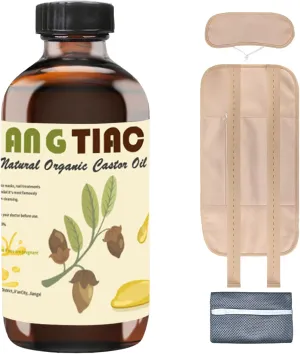 Castor Oil Pack Wrap, Castor Oil Organic Cold Pressed Unrefined Glass Bottle (8.5fl.oz/245ml) Reusable Pads Kit for Liver Detox, Machine Washable, Flannel Cotton with Adjustable Elastic Band