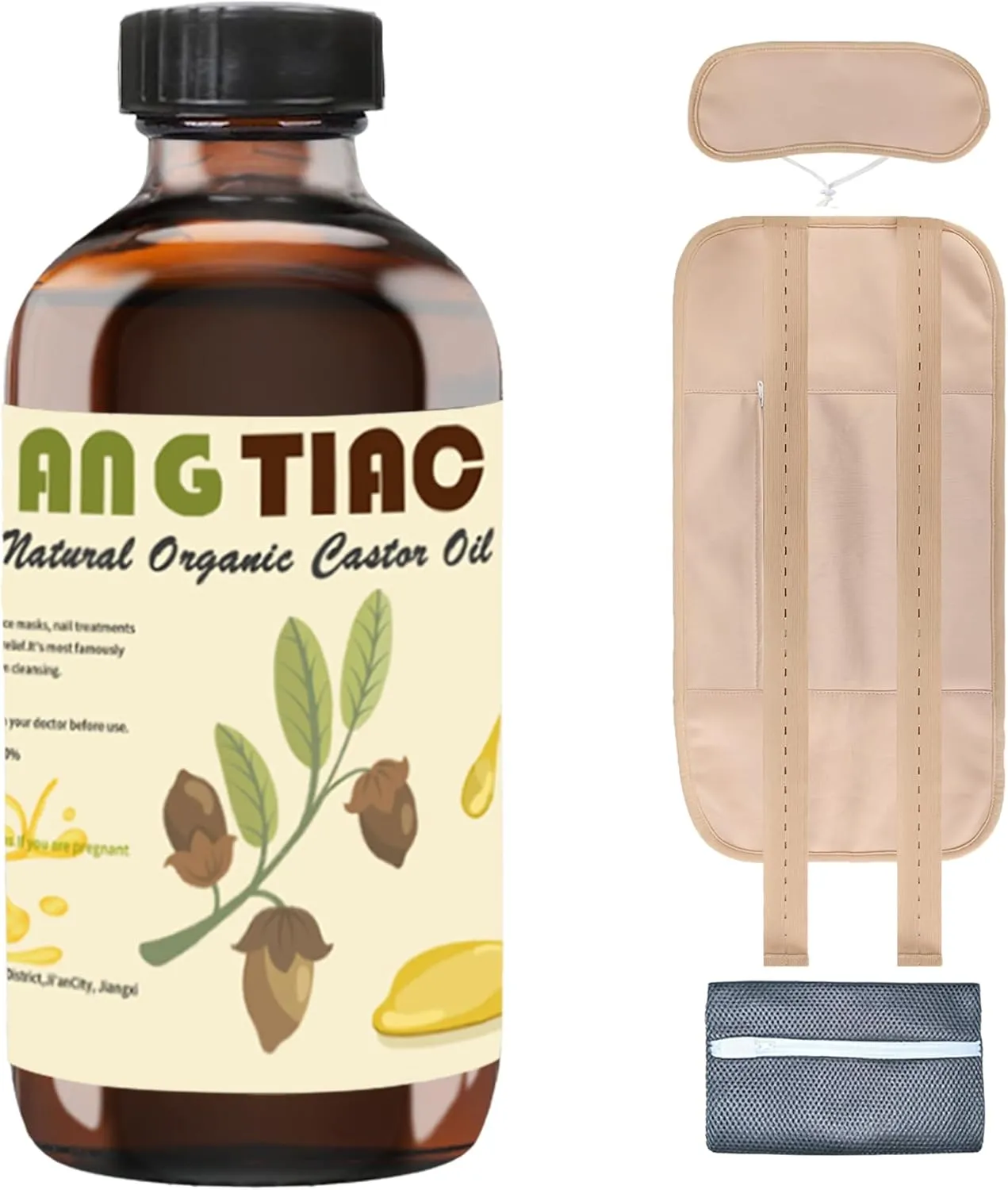 Castor Oil Pack Wrap, Castor Oil Organic Cold Pressed Unrefined Glass Bottle (8.5fl.oz/245ml) Reusable Pads Kit for Liver Detox, Machine Washable, Flannel Cotton with Adjustable Elastic Band