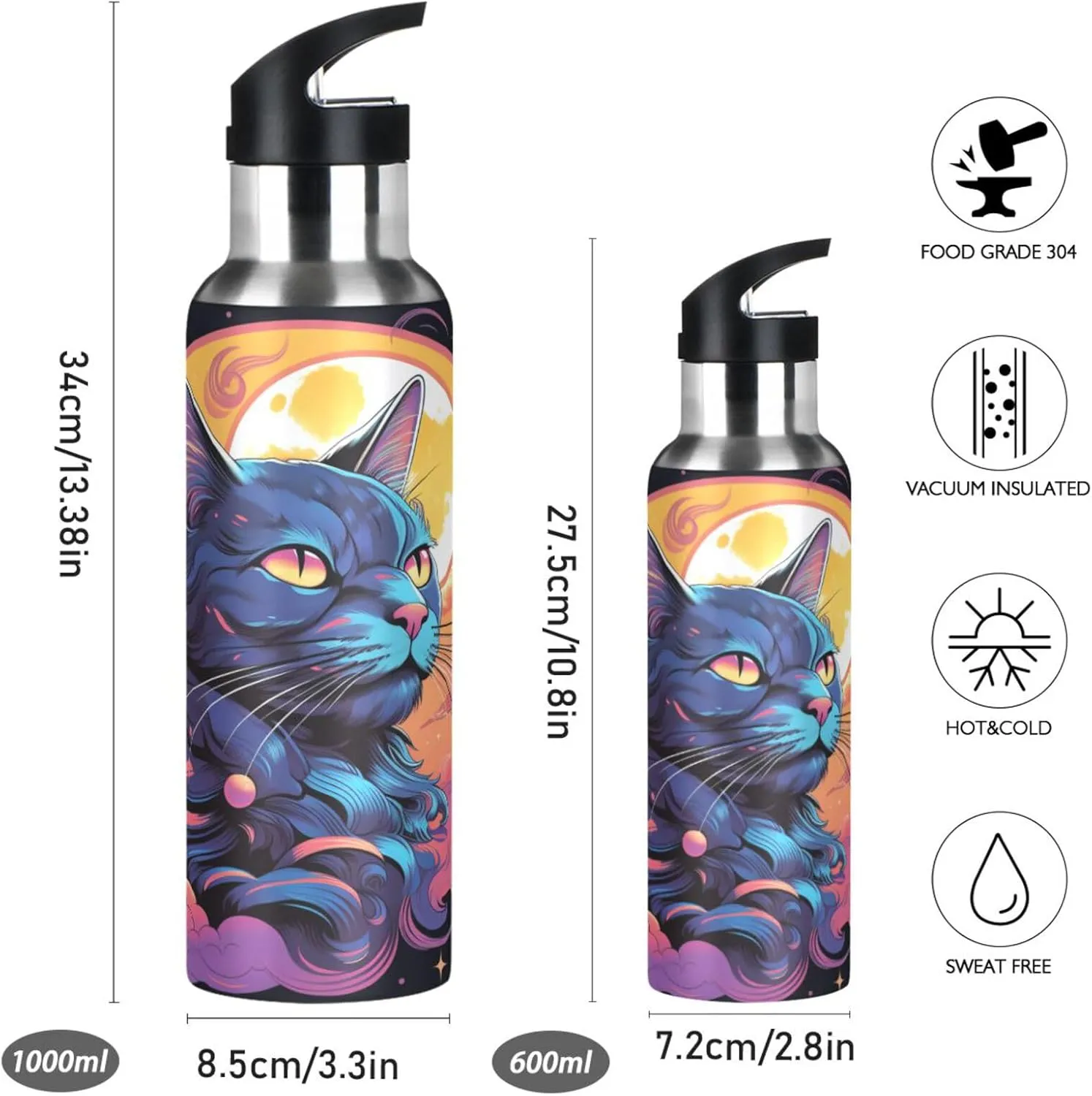 Cat Moonlight Art Sport Water Bottle Insulated Stainless Steel Large Vacuum Flask Leak Proof Thermos with Straw for Travel(600ml/1000ml)