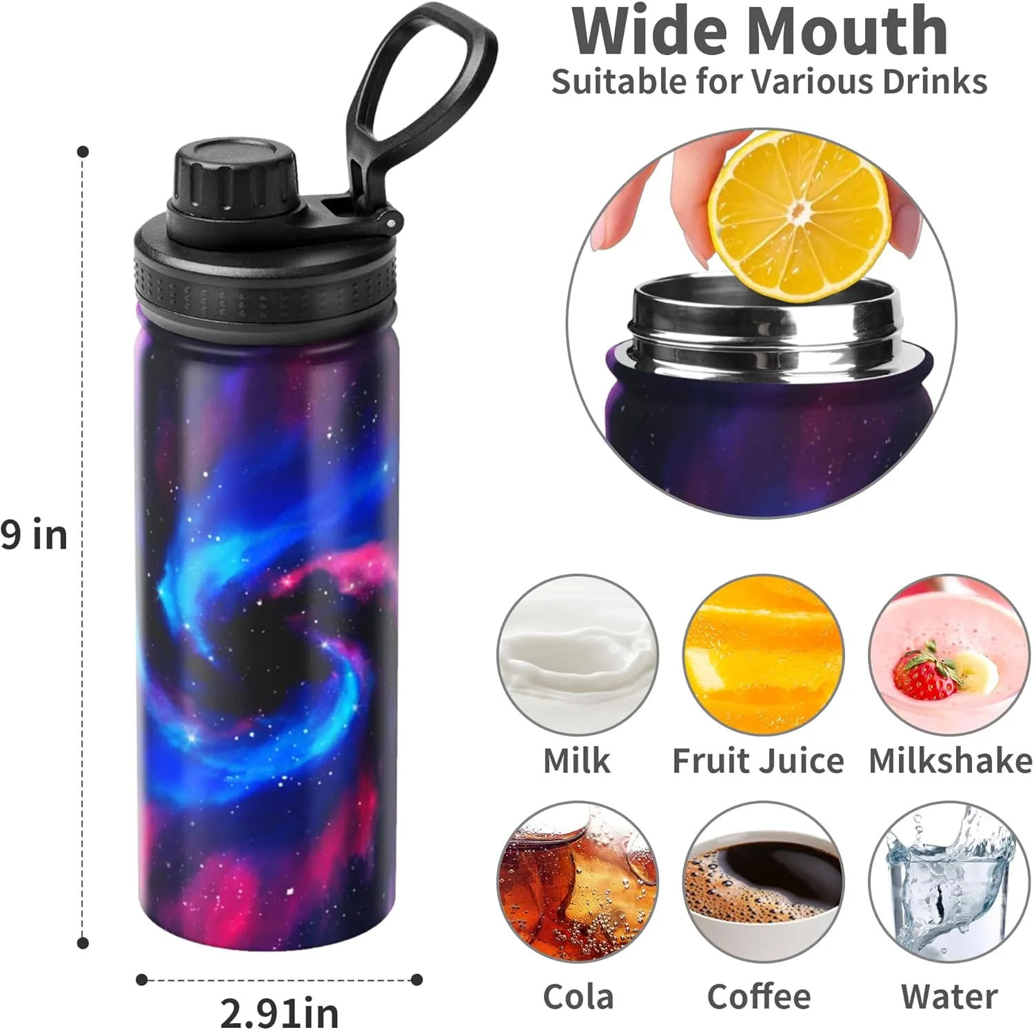 Cerburny Water Bottle 18 oz Blue Pink Galaxy Stainless Steel Insulated Bottles With Handle Leak Proof Gym Sport Water Jug For Men Women Adults
