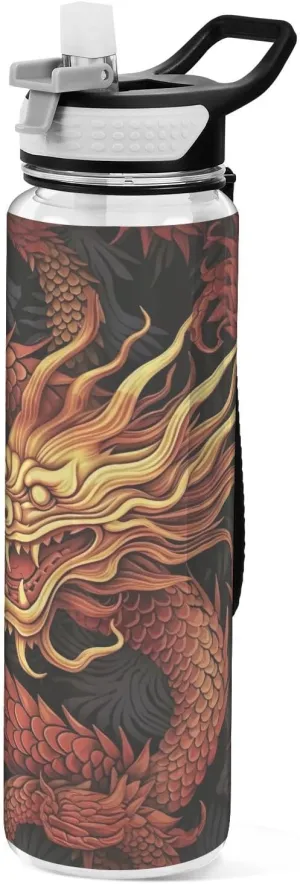 Chinese Dragon Water Bottle with Straw,32oz Tritan Wide Mouth Leakproof Sports Water Bottle BPA Free Reusable Plastic Clear Bottle for Gym and Outdoor
