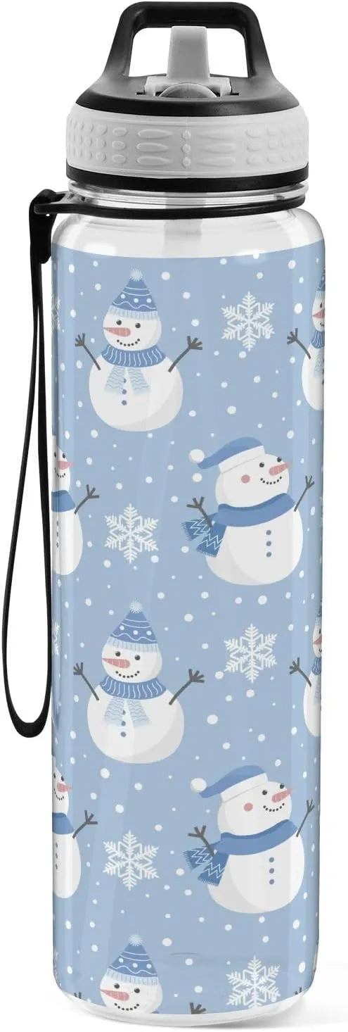 Christmas Snowman Snowflakes Water Bottle with Straw Lid 32oz Leakproof Clear Gym Water Bottles for Women Men Outdoor Sport Drinking