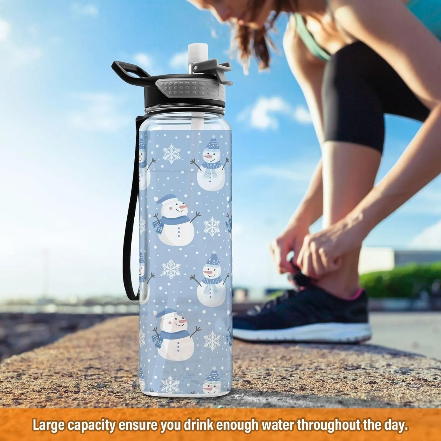 Christmas Snowman Snowflakes Water Bottle with Straw Lid 32oz Leakproof Clear Gym Water Bottles for Women Men Outdoor Sport Drinking