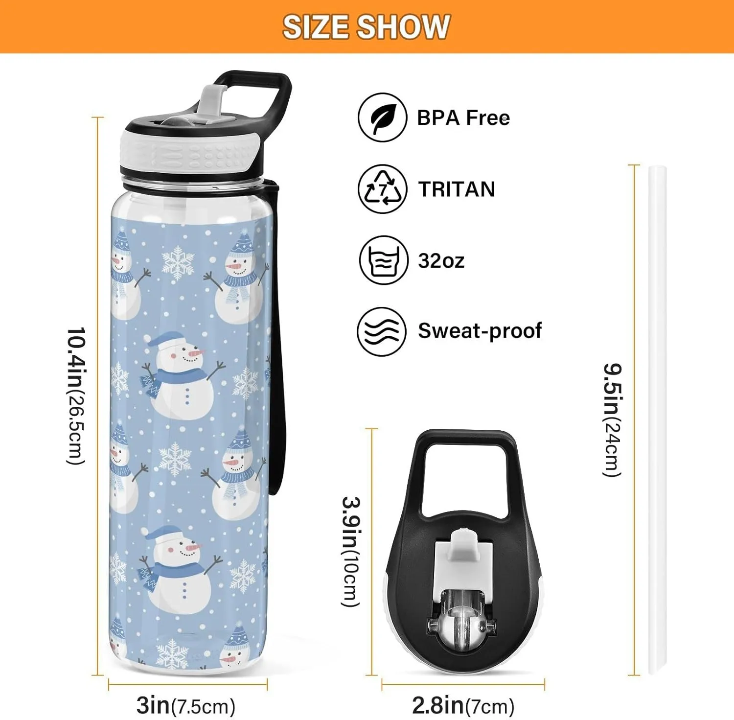 Christmas Snowman Snowflakes Water Bottle with Straw Lid 32oz Leakproof Clear Gym Water Bottles for Women Men Outdoor Sport Drinking