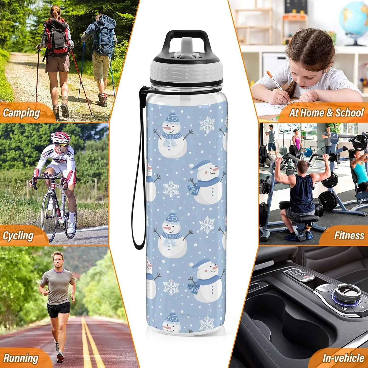 Christmas Snowman Snowflakes Water Bottle with Straw Lid 32oz Leakproof Clear Gym Water Bottles for Women Men Outdoor Sport Drinking