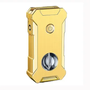 Cigar Lighter with Visual Fuel Window Refillable Windproof Adjustable Flame Dual Flame Kitchen Camping Torch Lighter(Gold)