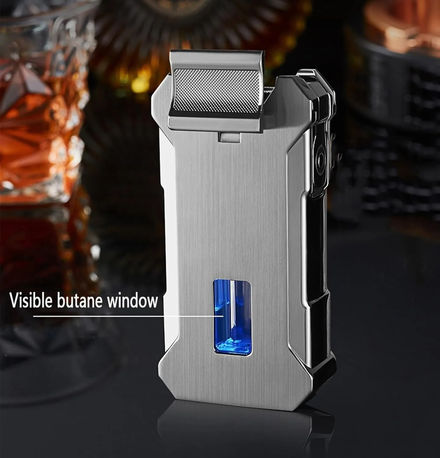 Cigar Lighter with Visual Fuel Window Refillable Windproof Adjustable Flame Dual Flame Kitchen Camping Torch Lighter(Gold)