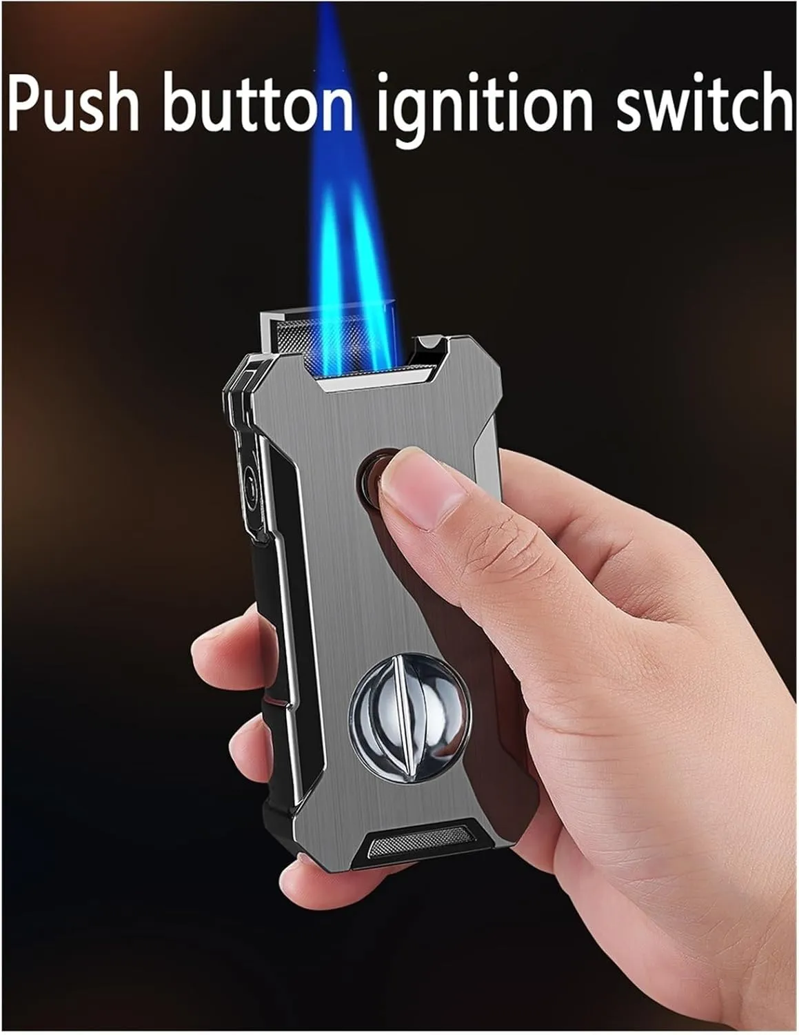 Cigar Lighter with Visual Fuel Window Refillable Windproof Adjustable Flame Dual Flame Kitchen Camping Torch Lighter(Gold)