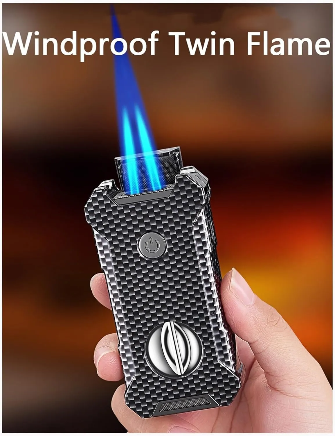 Cigar Lighter with Visual Fuel Window Refillable Windproof Adjustable Flame Dual Flame Kitchen Camping Torch Lighter(Gold)