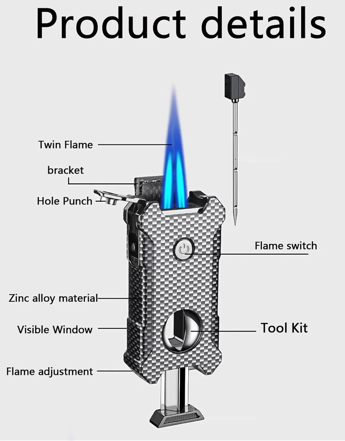 Cigar Lighter with Visual Fuel Window Refillable Windproof Adjustable Flame Dual Flame Kitchen Camping Torch Lighter(Gold)