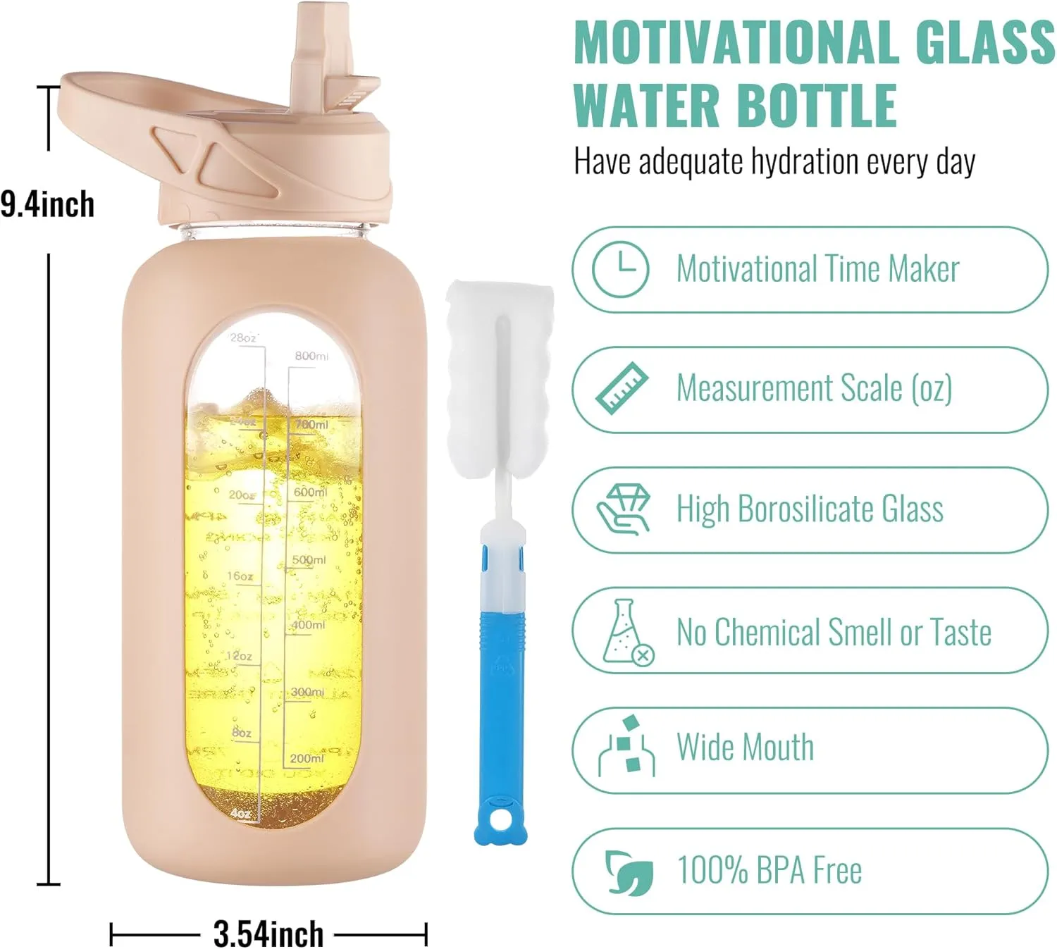 CIVAGO 32 oz Glass Water Bottle with Straw and Handle, Large Sports Motivational Water Bottle Flask with Time Marker and 2 Lids, Leakproof Water Jug Canteen with Silicone Sleeve for Gym,Beige