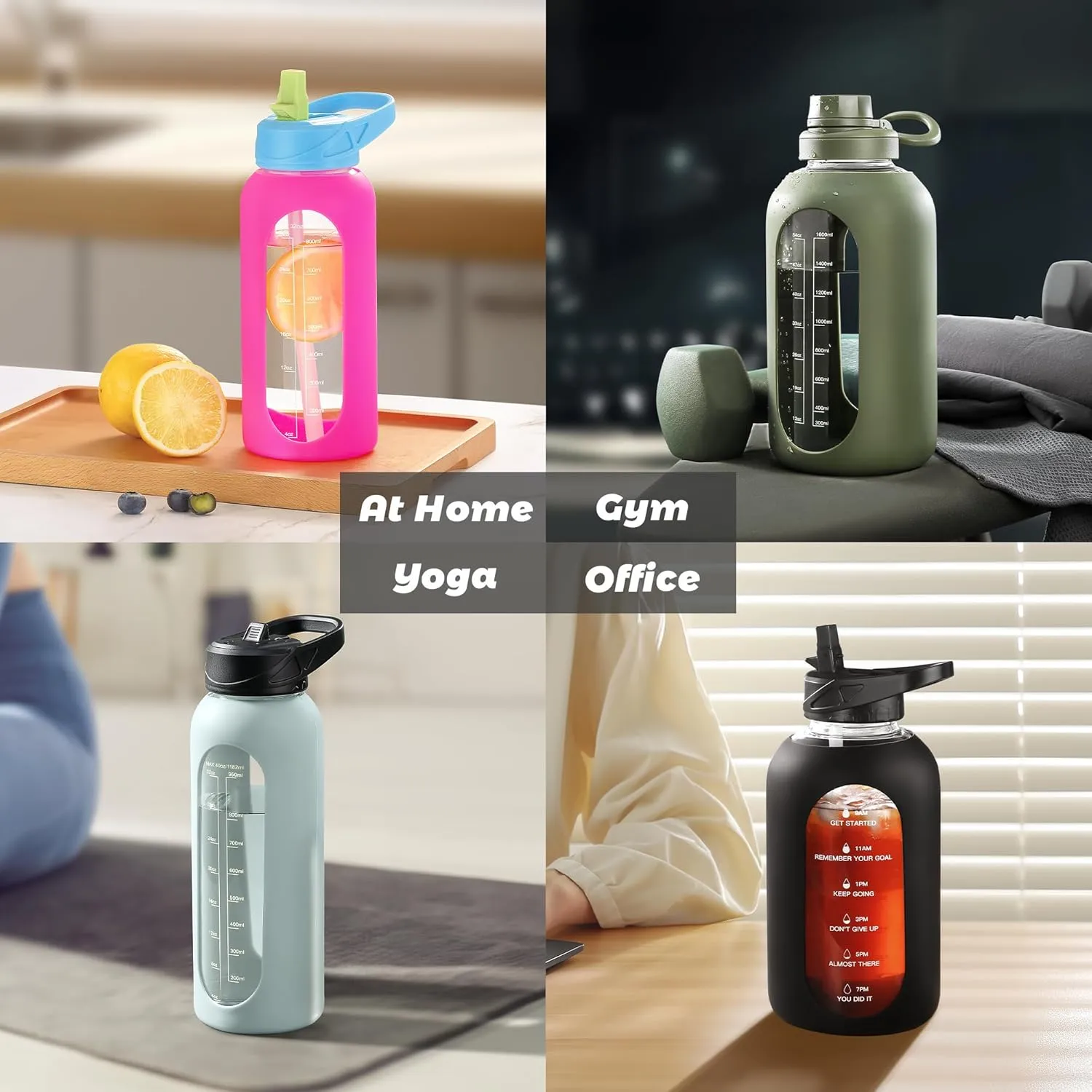 CIVAGO 32 oz Glass Water Bottle with Straw and Handle, Large Sports Motivational Water Bottle Flask with Time Marker and 2 Lids, Leakproof Water Jug Canteen with Silicone Sleeve for Gym,Beige