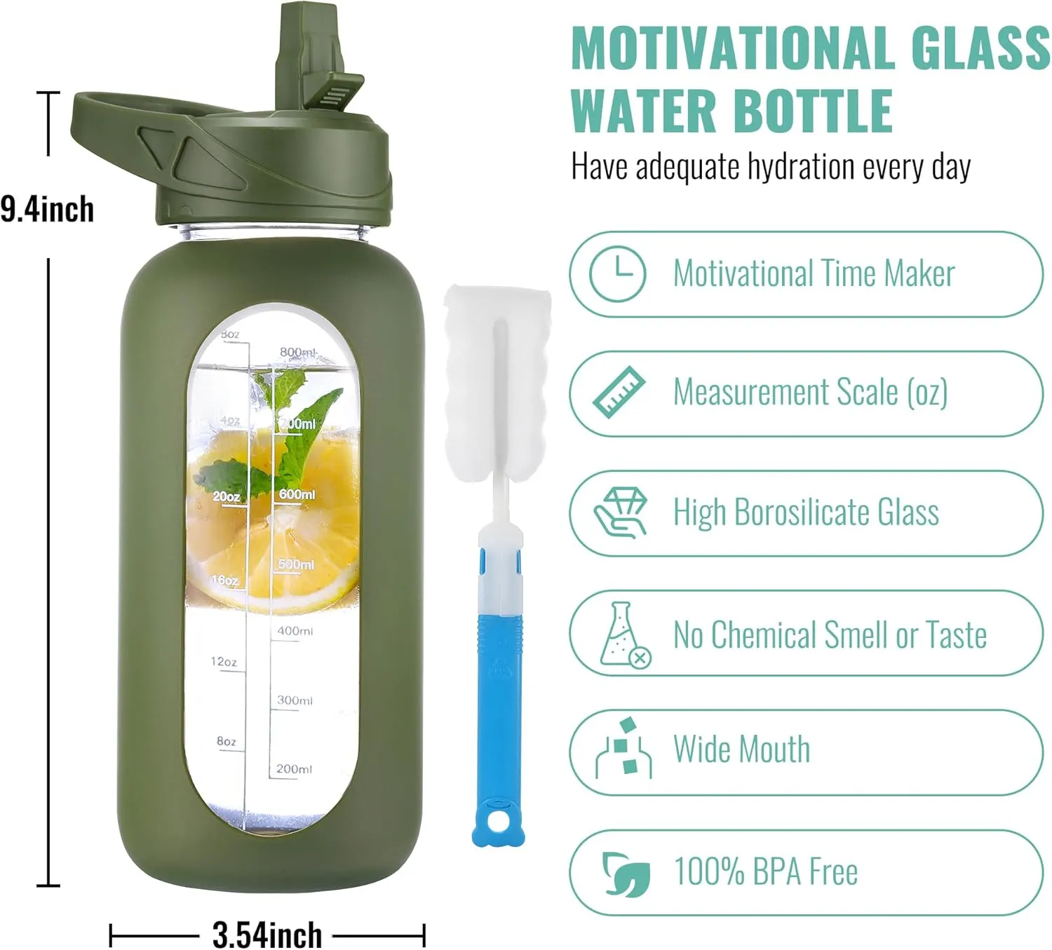CIVAGO 32 oz Glass Water Bottle with Straw and Handle, Large Sports Motivational Water Bottle Flask with Time Marker, Leakproof Water Jug Canteen with Silicone Sleeve for Gym,Army Green