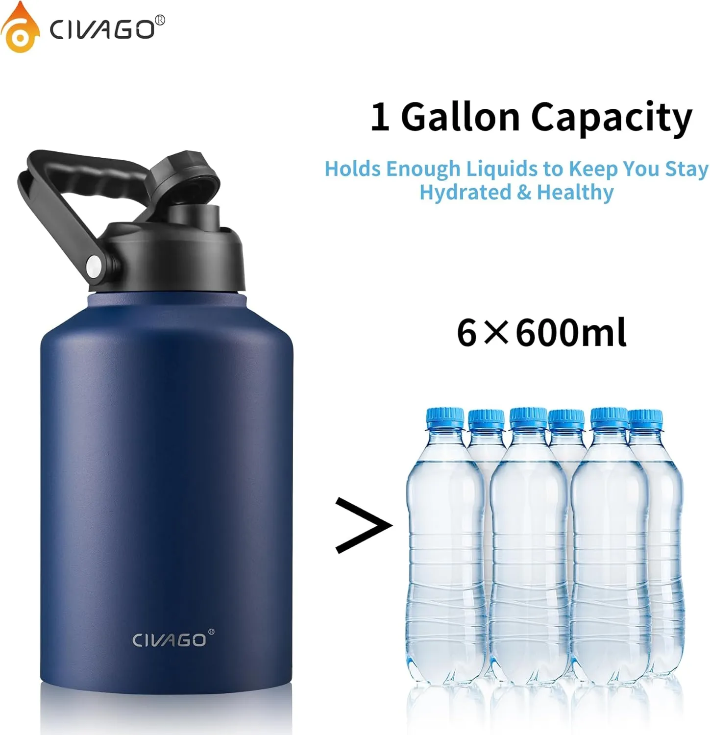 CIVAGO Gallon Insulated Water Bottle Jug with Straw, 128 oz Large Stainless Steel Sports Metal Water Canteen with Handle, Big Thermal Water Cup Mug with 2 Lids for Camping & Fishing, Sage